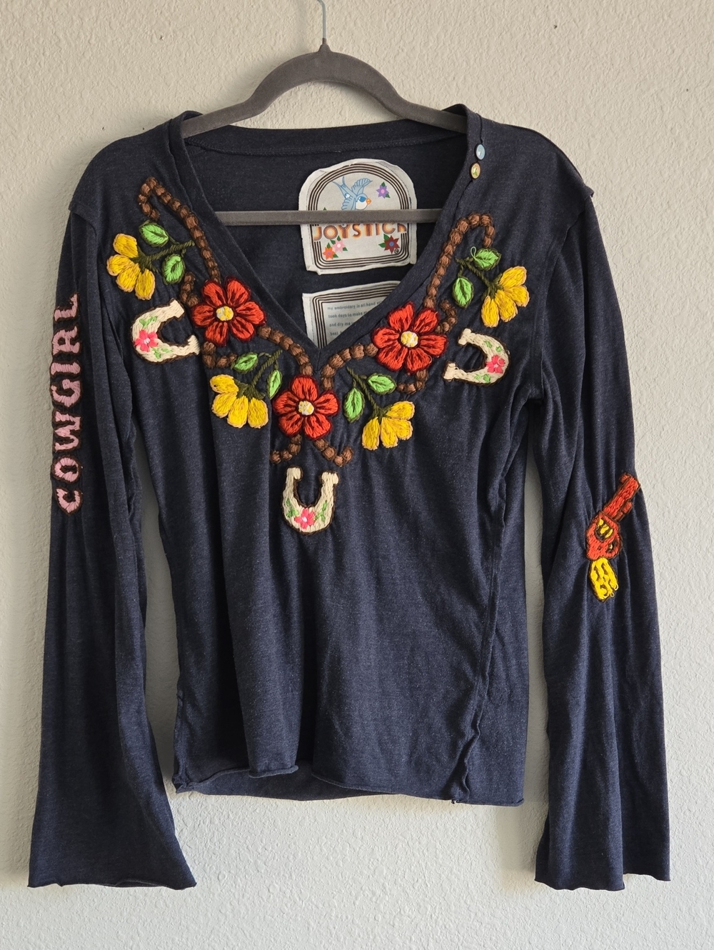 Vtg Joystick By Johnny Was Embroidered Cowgirl Floral V-Neck Top Size L